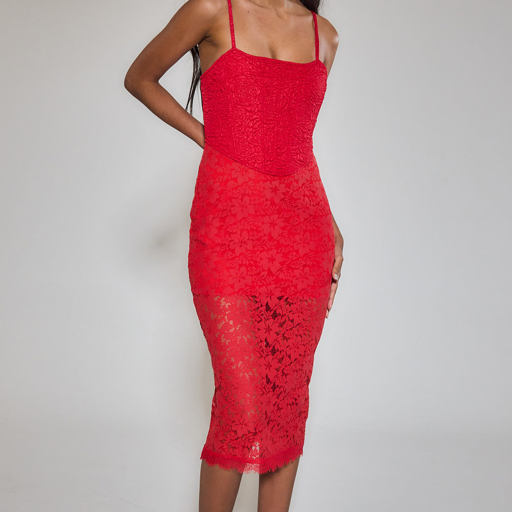 
                      
                        Red Lace Midi Corset Dress
                      
                    