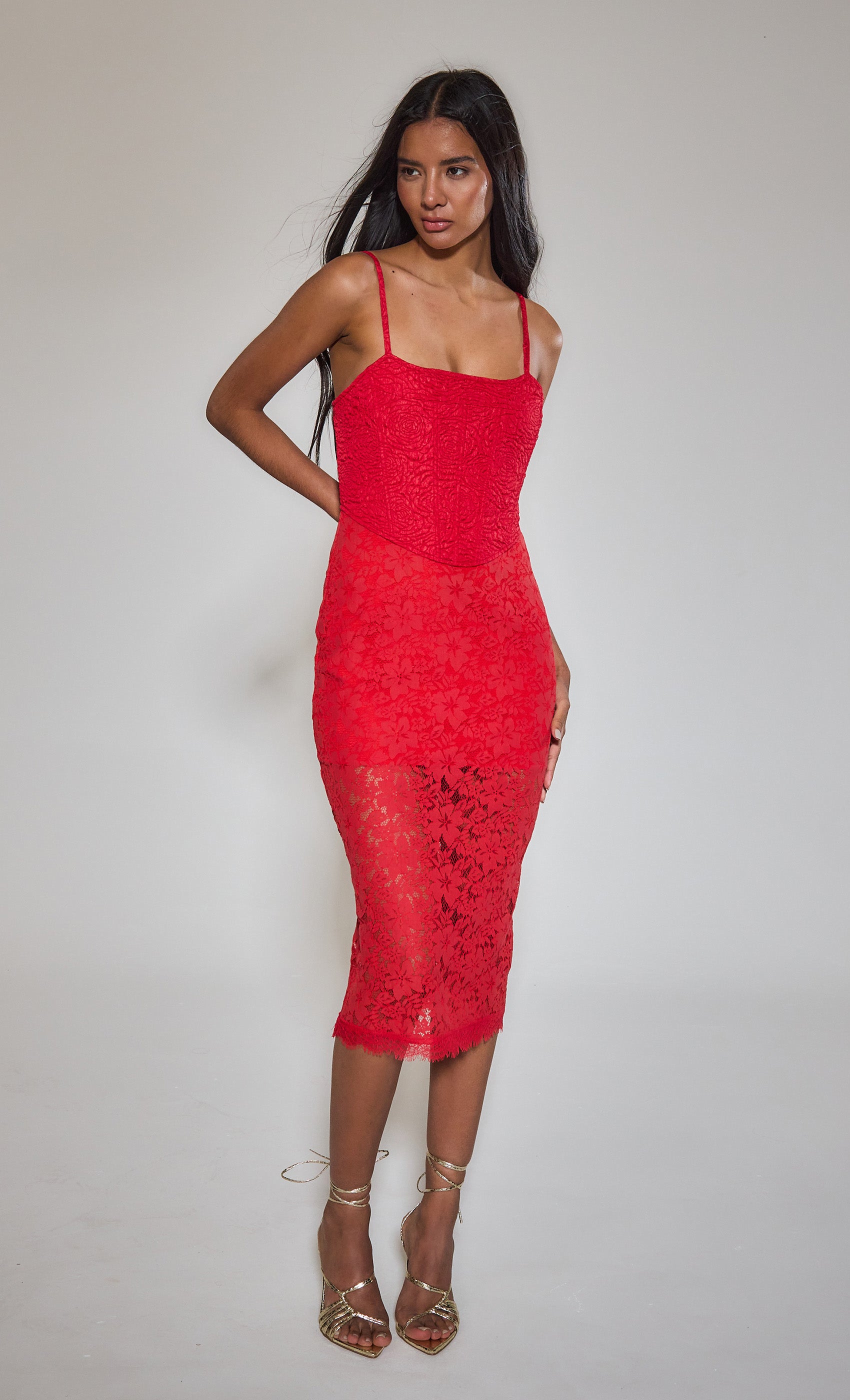 Red Lace Midi Corset Dress – Rare London