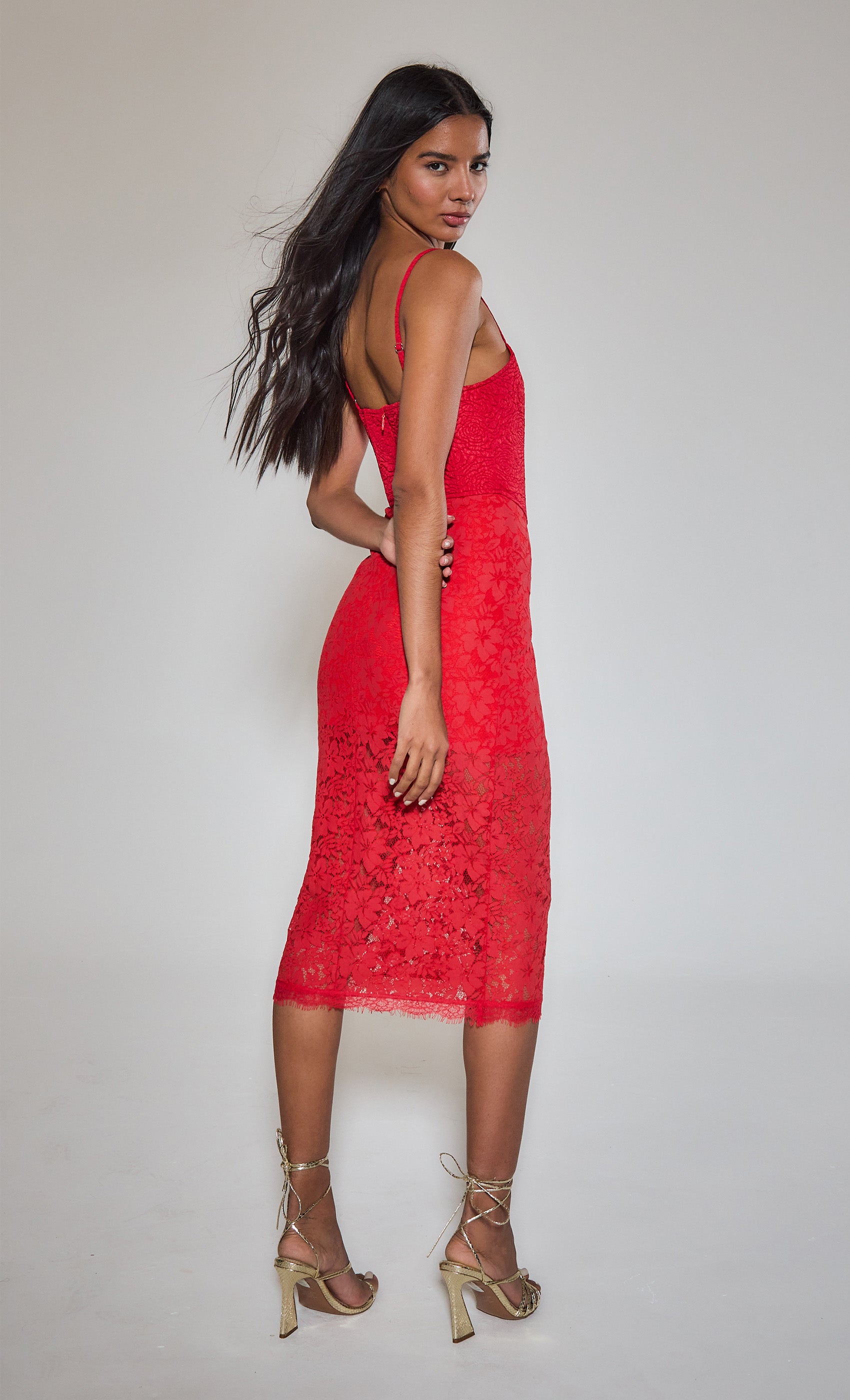Red Lace Midi Corset Dress – Rare London
