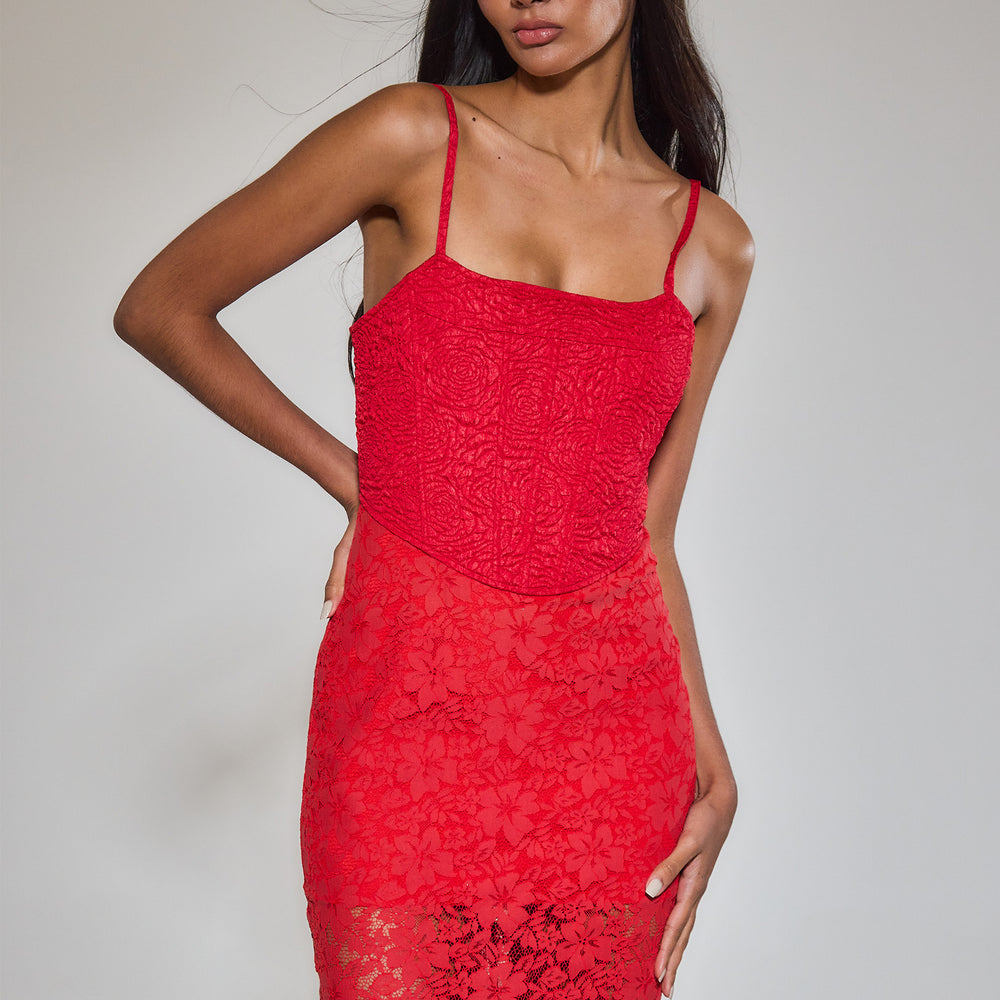 
                      
                        Red Lace Midi Corset Dress
                      
                    