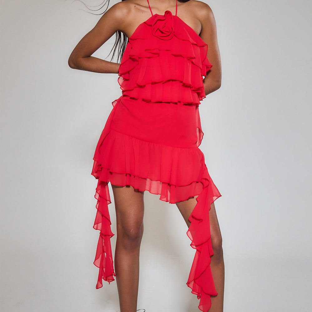 
                      
                        Red Ruffle Corsage Halter Mini Dress
                      
                    