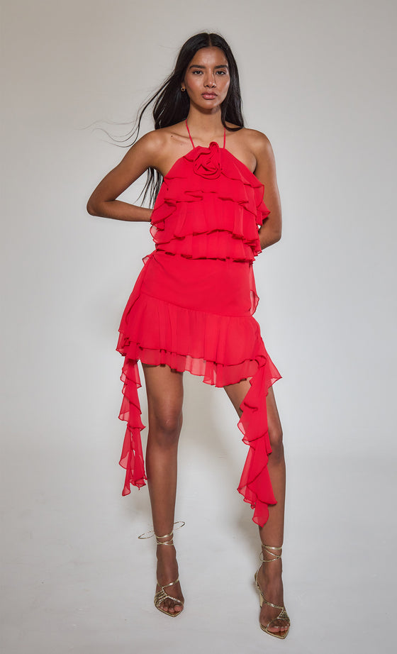 Red Ruffle Corsage Halter Mini Dress