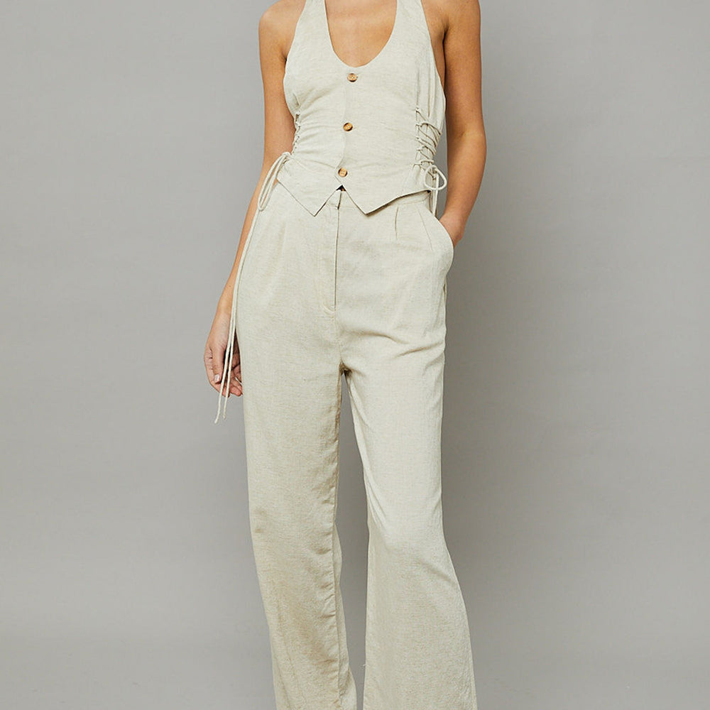 
                      
                        Beige Linen Halterneck Lace-Up Jumpsuit
                      
                    