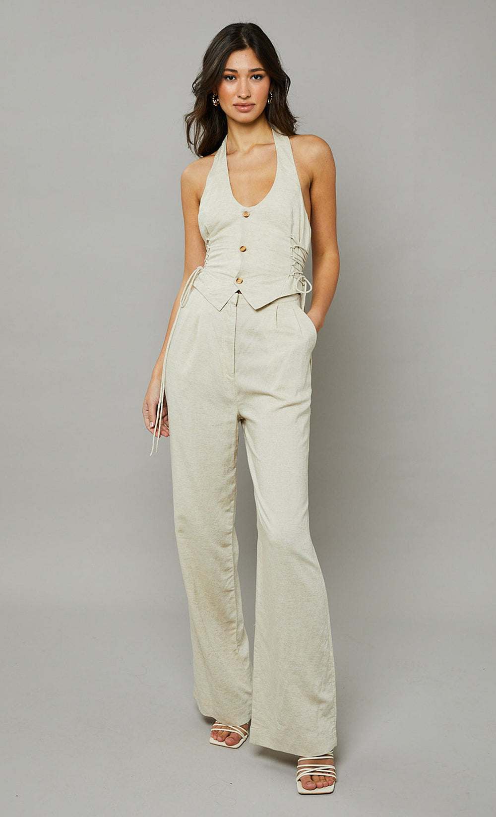 Beige Linen Halterneck Lace-Up Jumpsuit