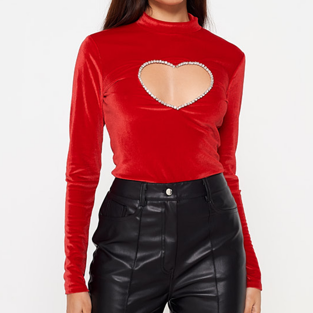 Red Diamante Heart Cutout Velvet Top