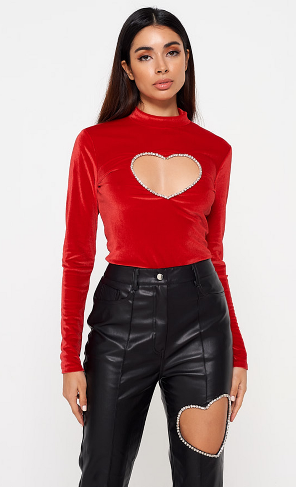 Red Diamante Heart Cutout Velvet Top