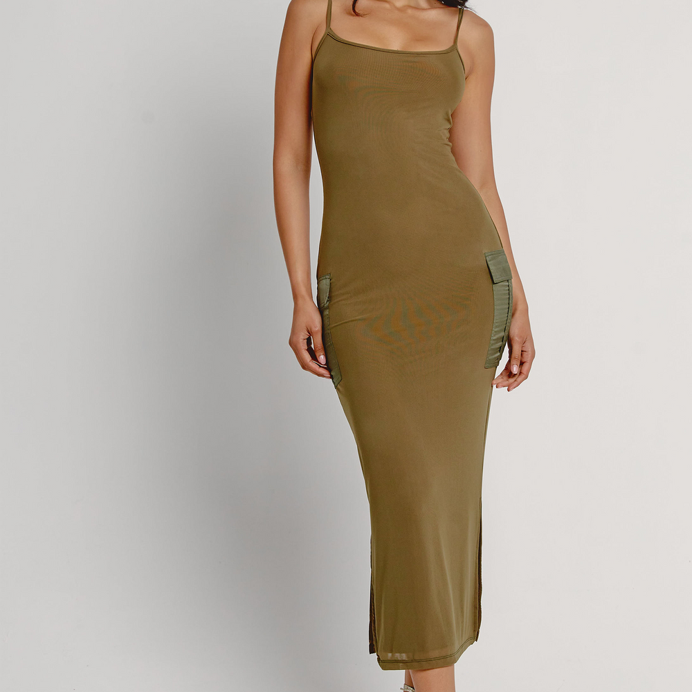 Cargo Pocket Mesh Maxi Dress