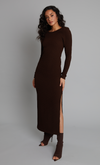 Brown Popcorn Long Sleeve Maxi Dress