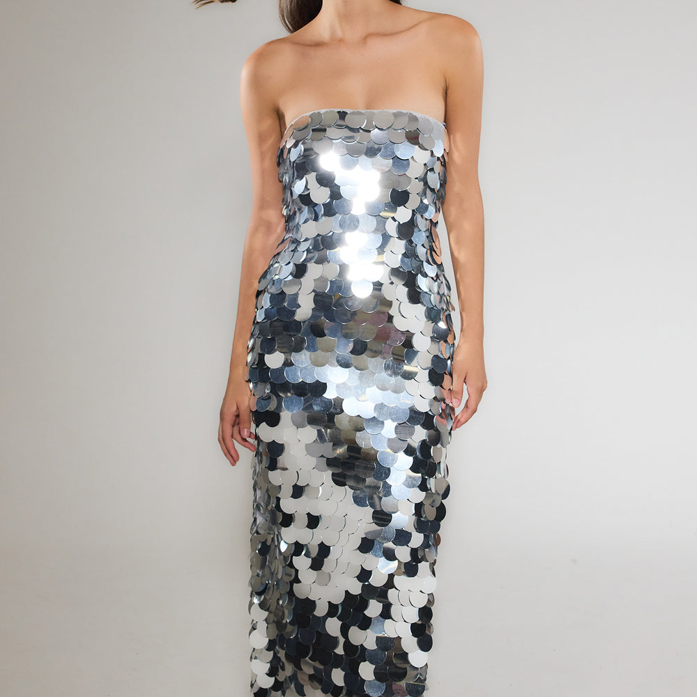 
                      
                        Silver Disc Bandeau Maxi Dress
                      
                    