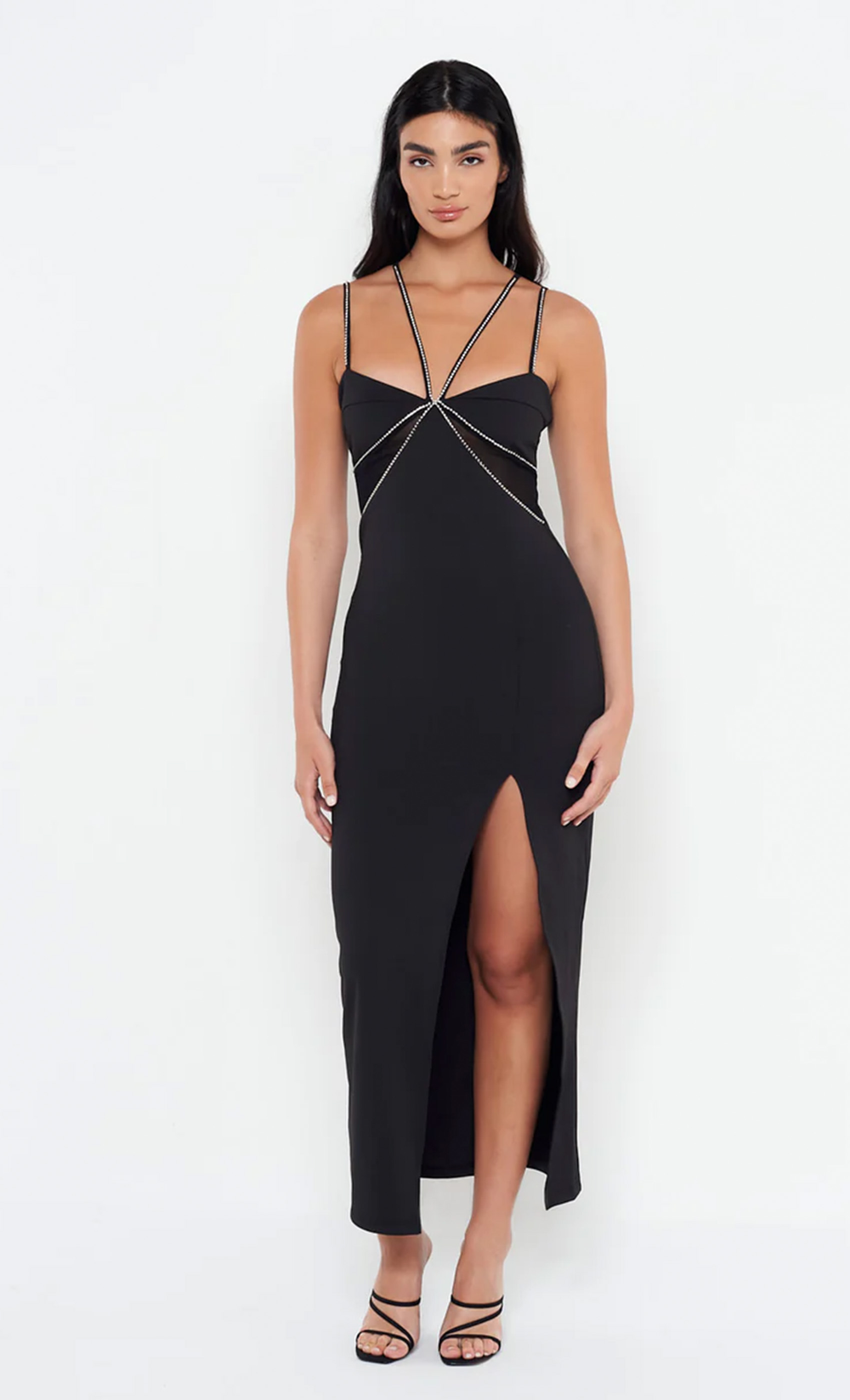 Diamante Detail Mesh Panel Maxi Dress