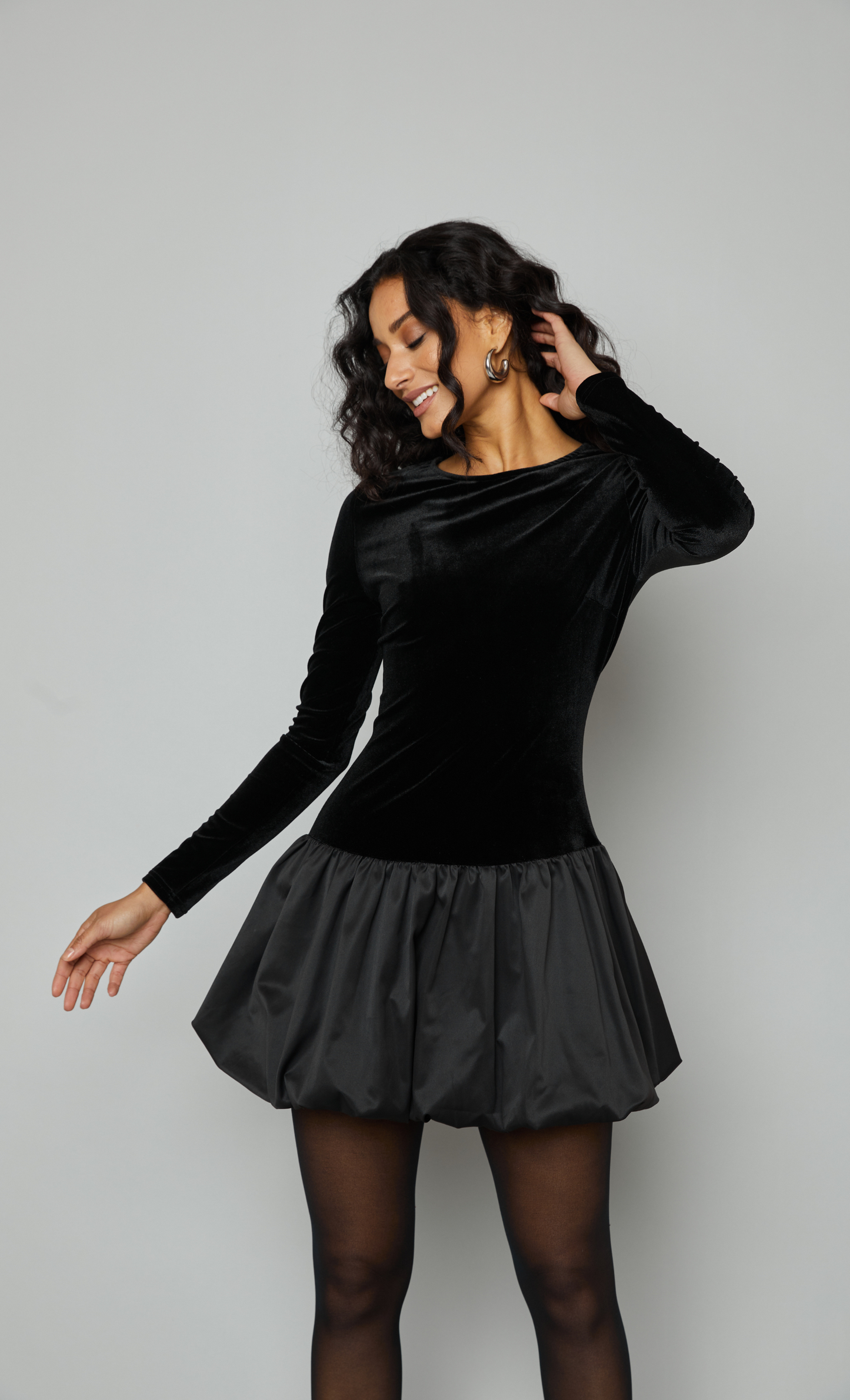 Black Puffball Velvet Mini Dress