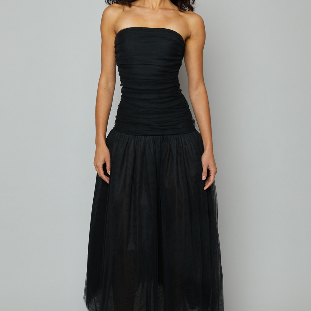 Black Drop Waist Tulle Bandeau Maxi Dress