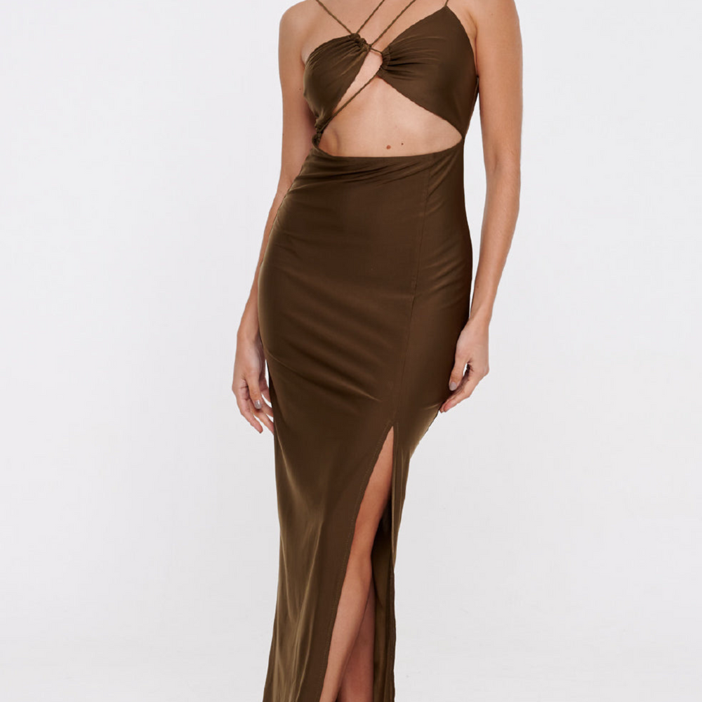 Khaki Strappy Detail Split Maxi Dress