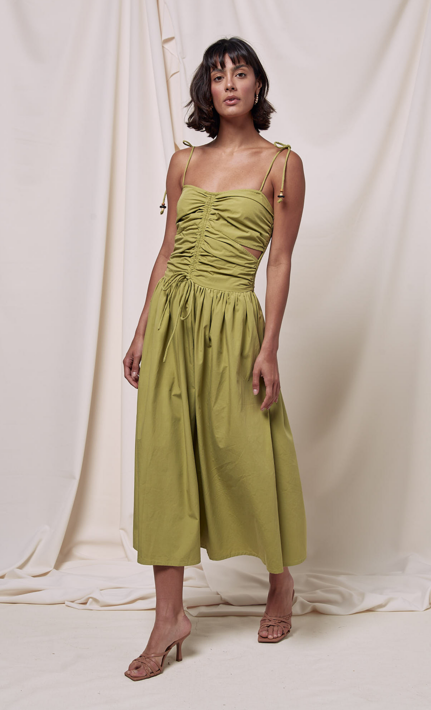 green drawstring dress Green Linen Midi Dress with Drawstring Waist and Elbow Sleeves