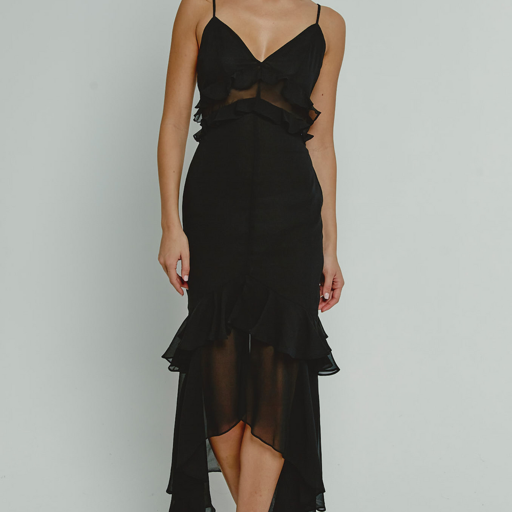 Black Chiffon Tiered Ruffle Midi Dress