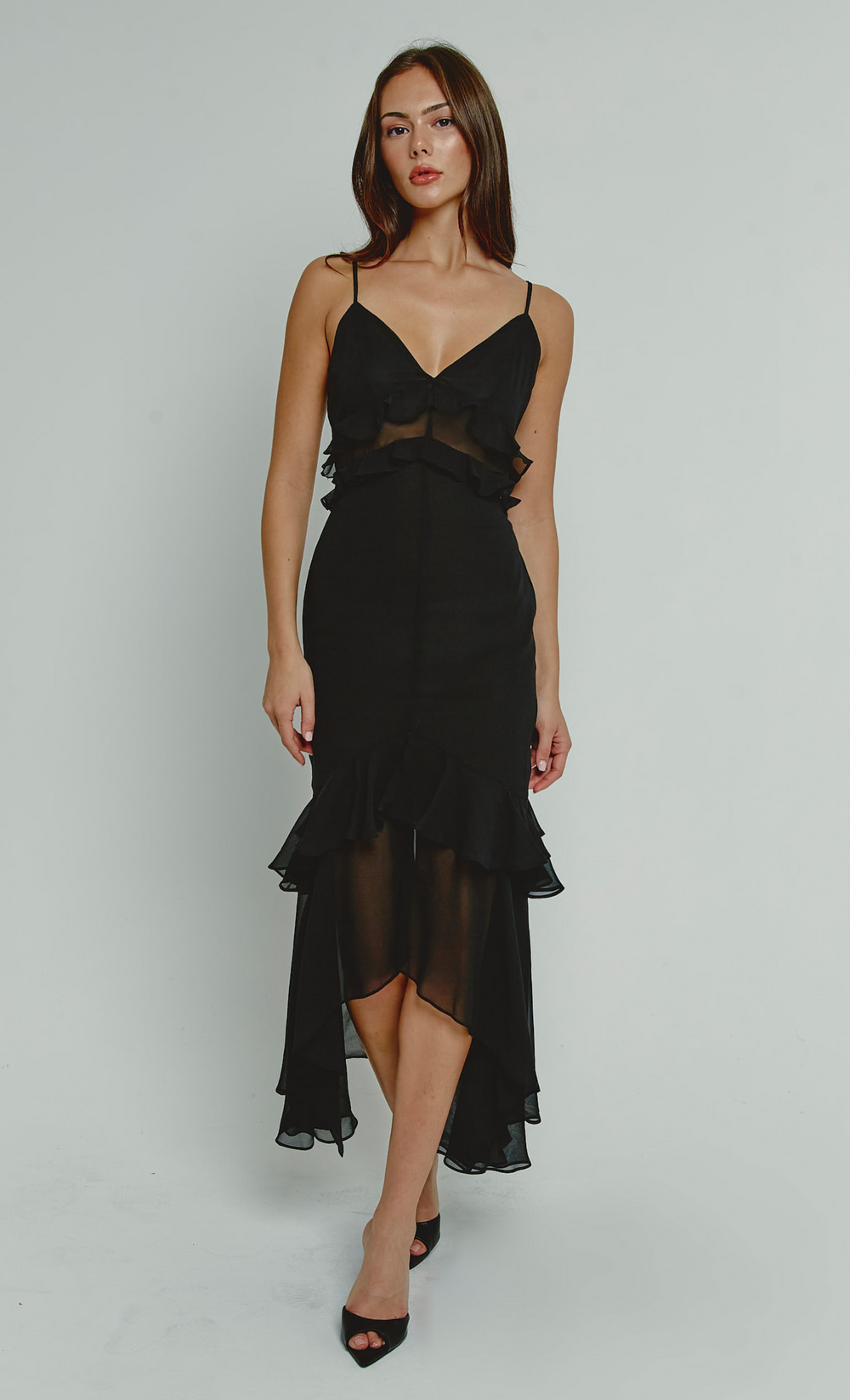 Black Chiffon Tiered Ruffle Midi Dress