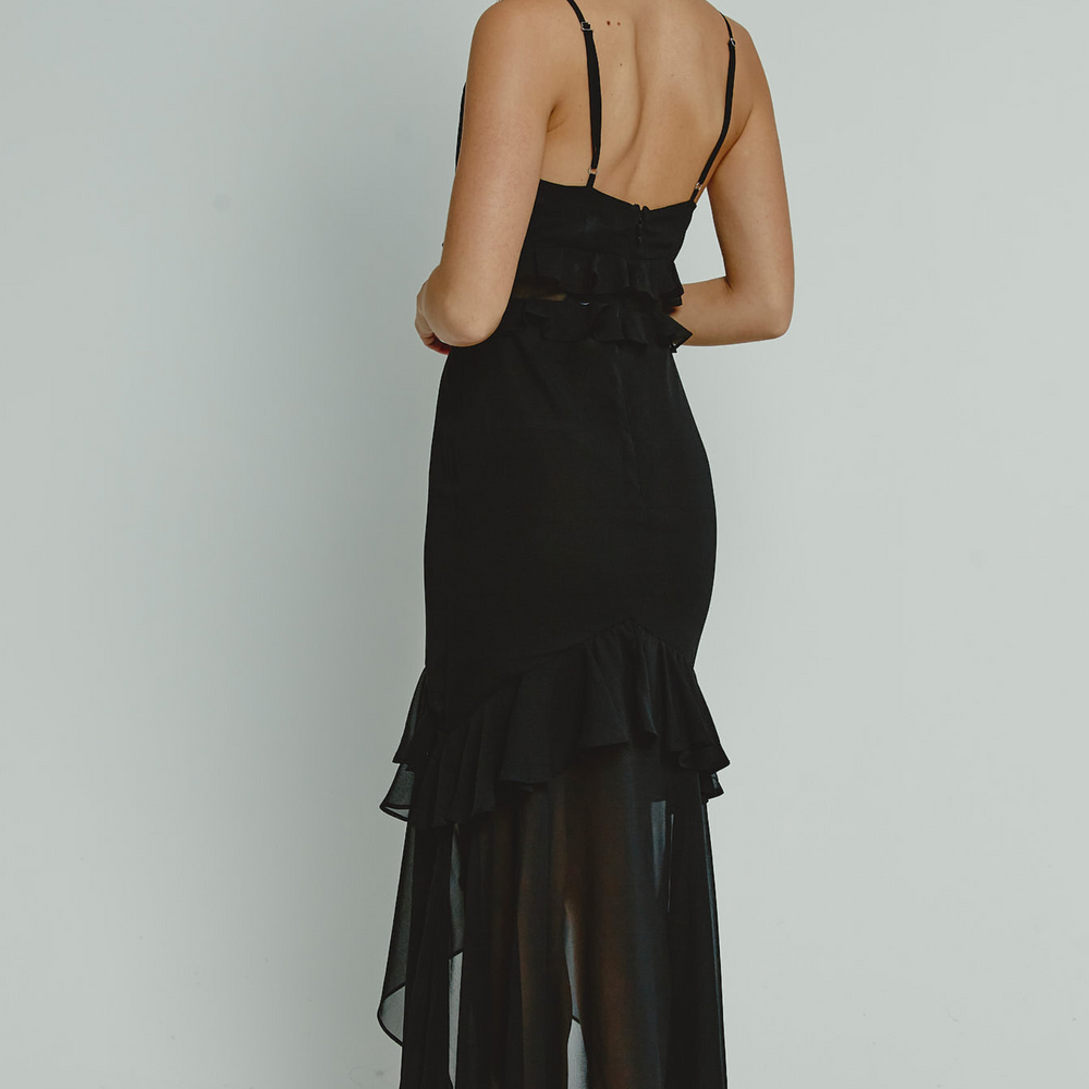 
                      
                        Black Chiffon Tiered Ruffle Midi Dress
                      
                    