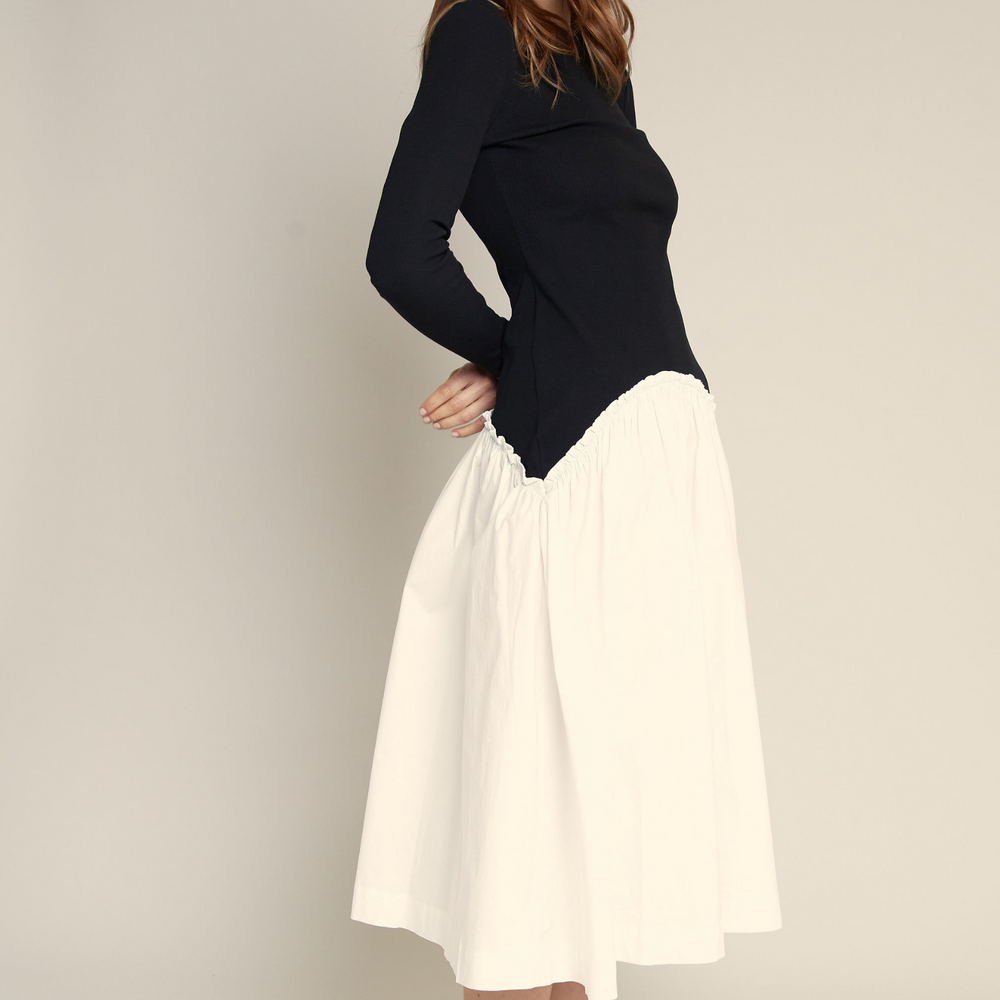 Black & White Drop Waist Midi Dress