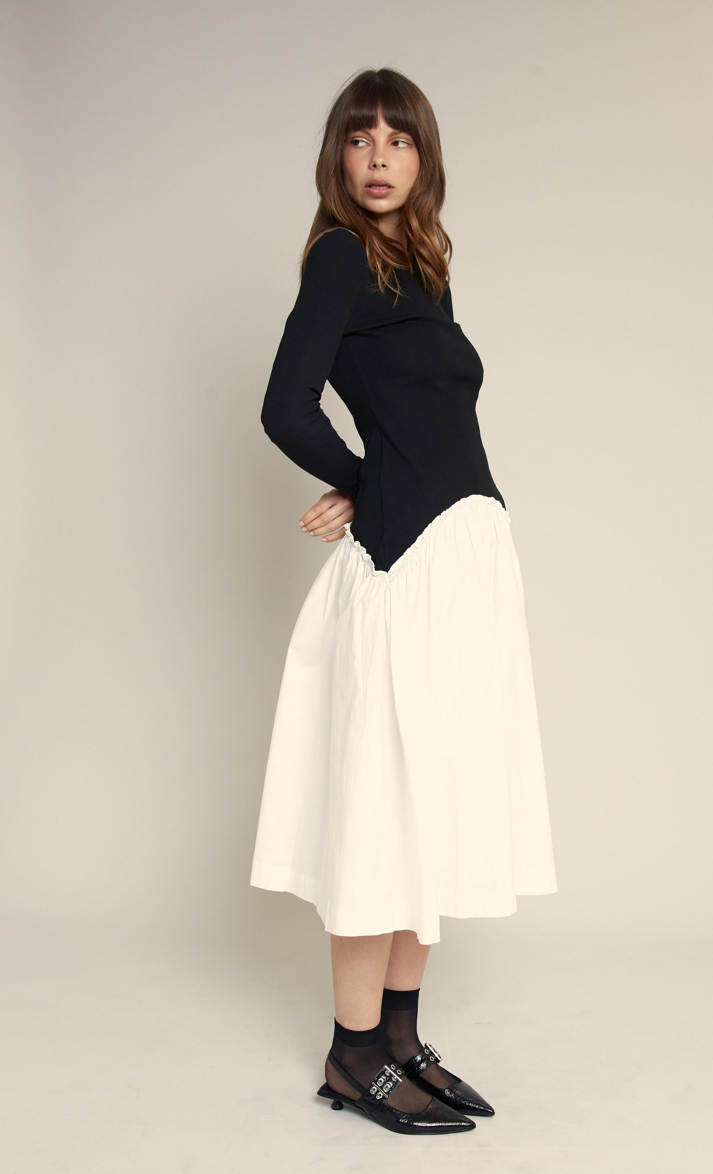 Black & White Drop Waist Midi Dress