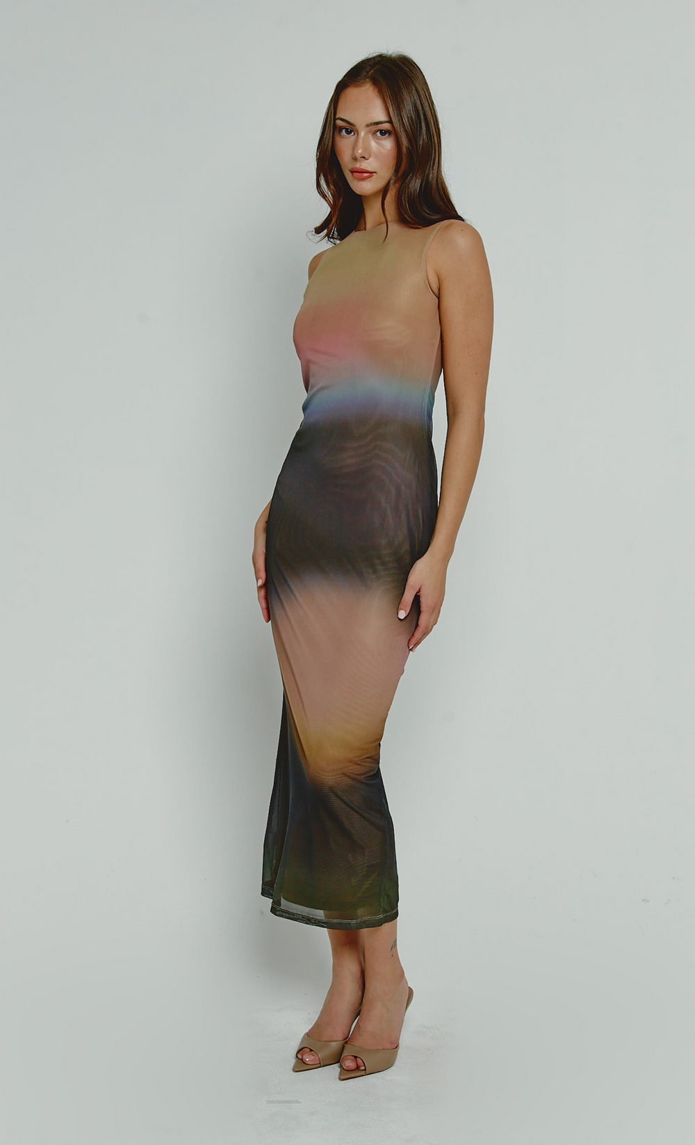 Multi Blur Print Mesh Maxi Dress