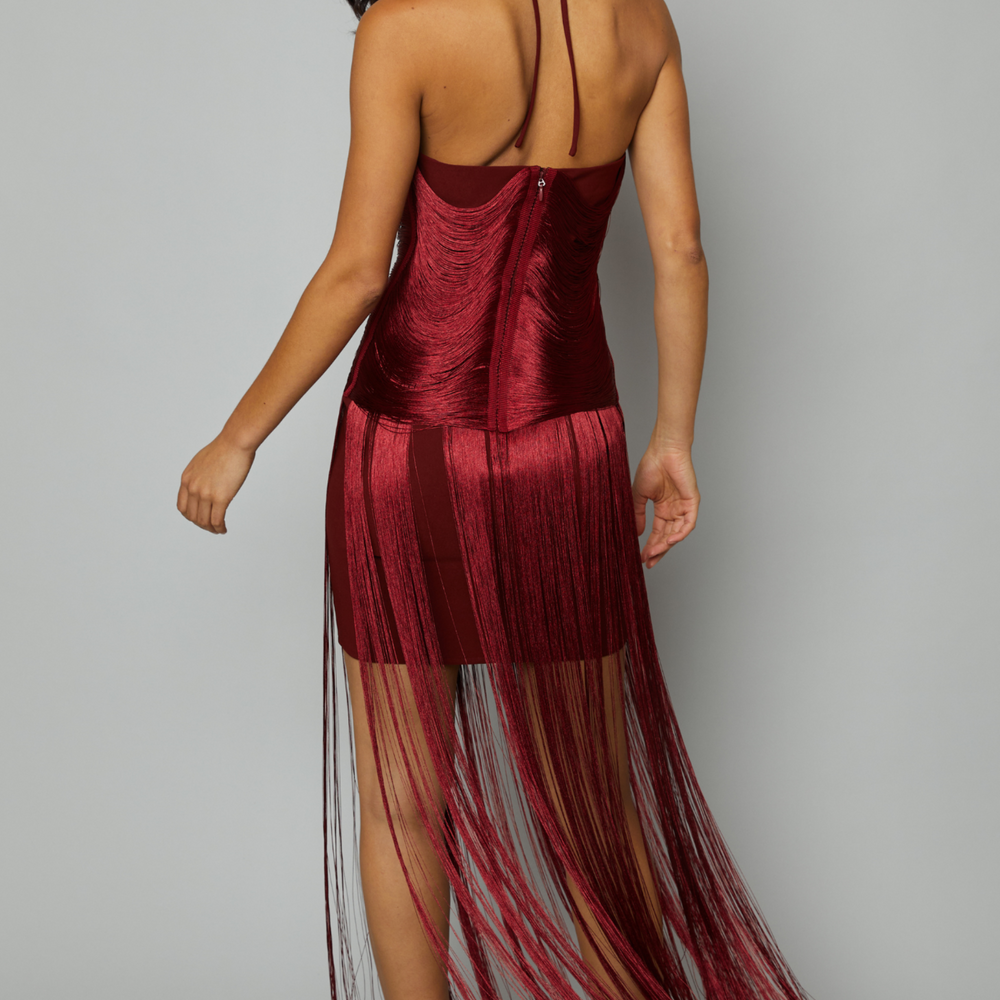 
                      
                        Wine Halterneck Fringe Detail Dress
                      
                    