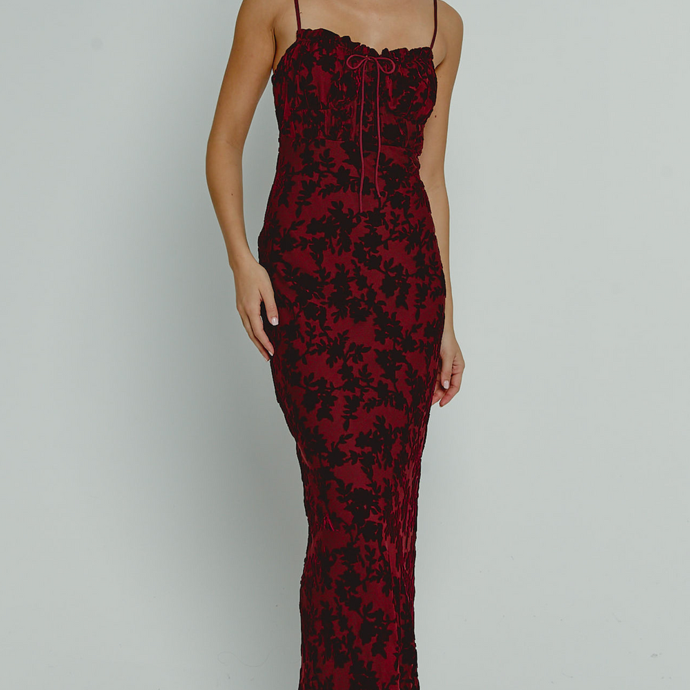 Burgundy Tie Front Devore Maxi Dress