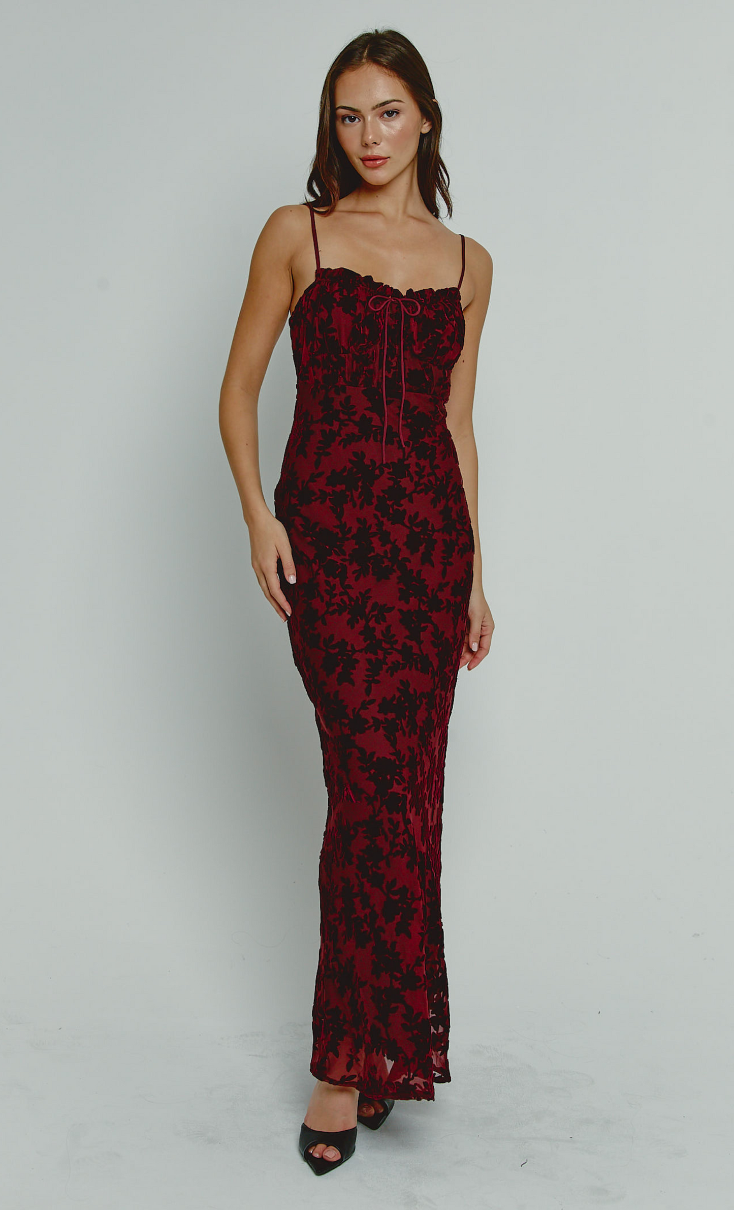 Burgundy Tie Front Devore Maxi Dress