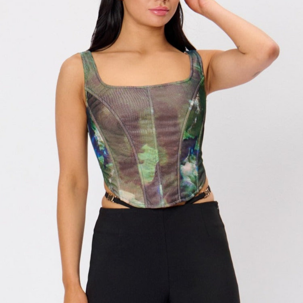 Digital Print Mesh Corset Top