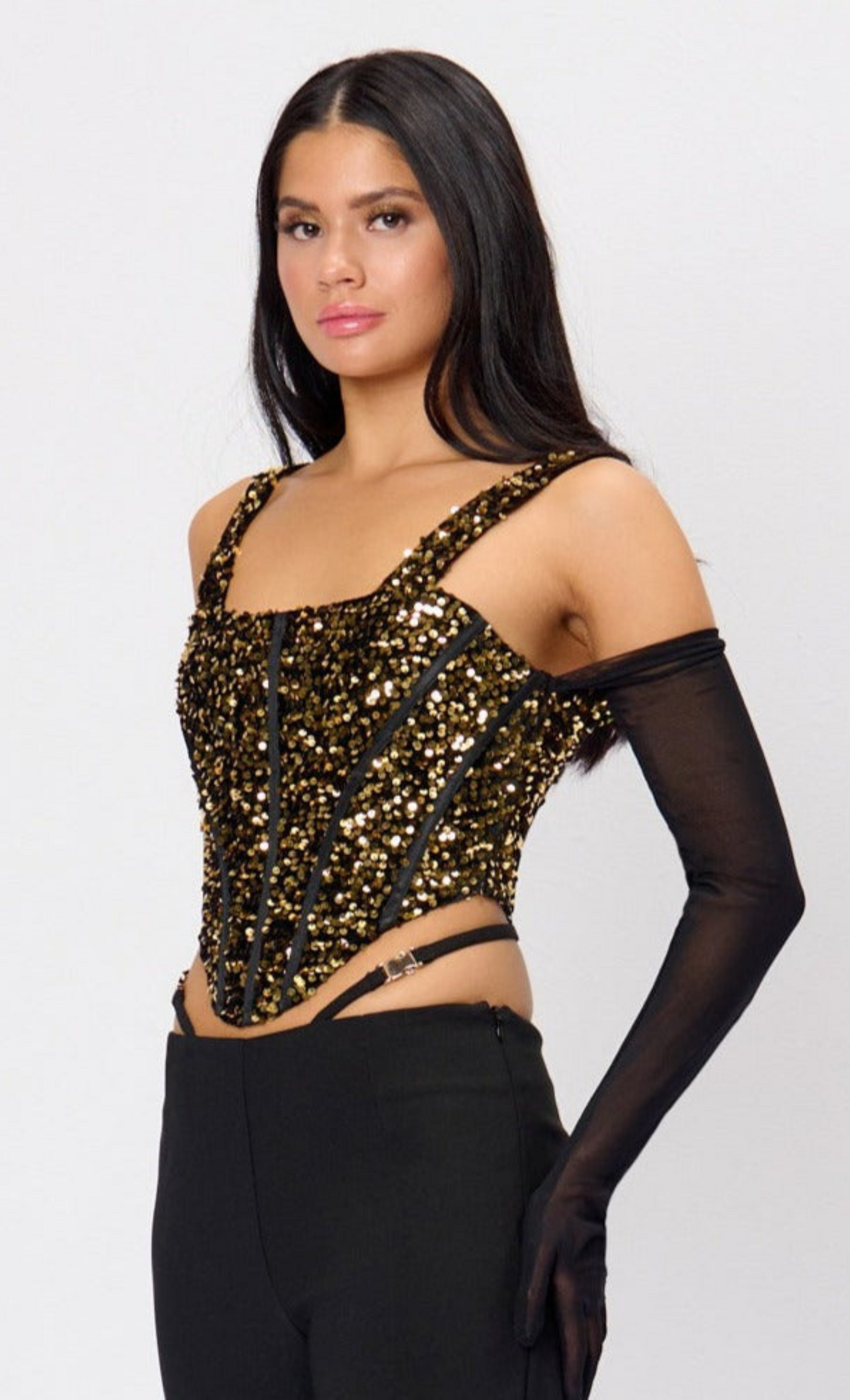 Gold Sequin Corset Glove Top