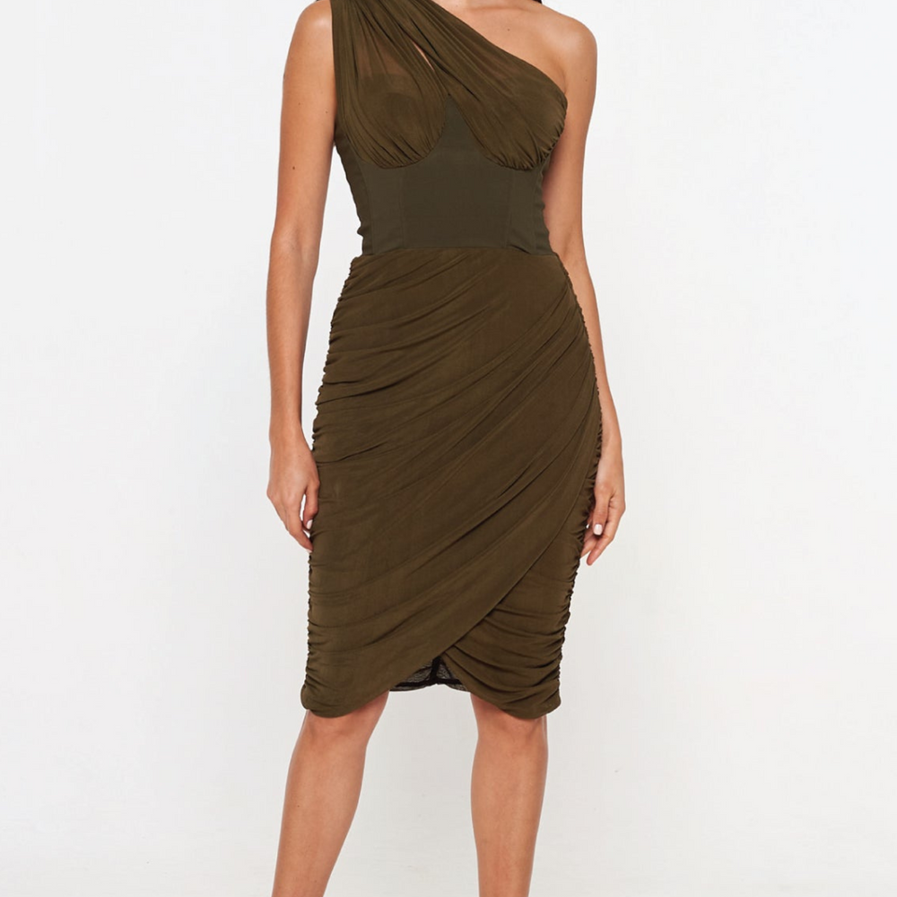 Khaki Asymetric Mesh Drape Dress