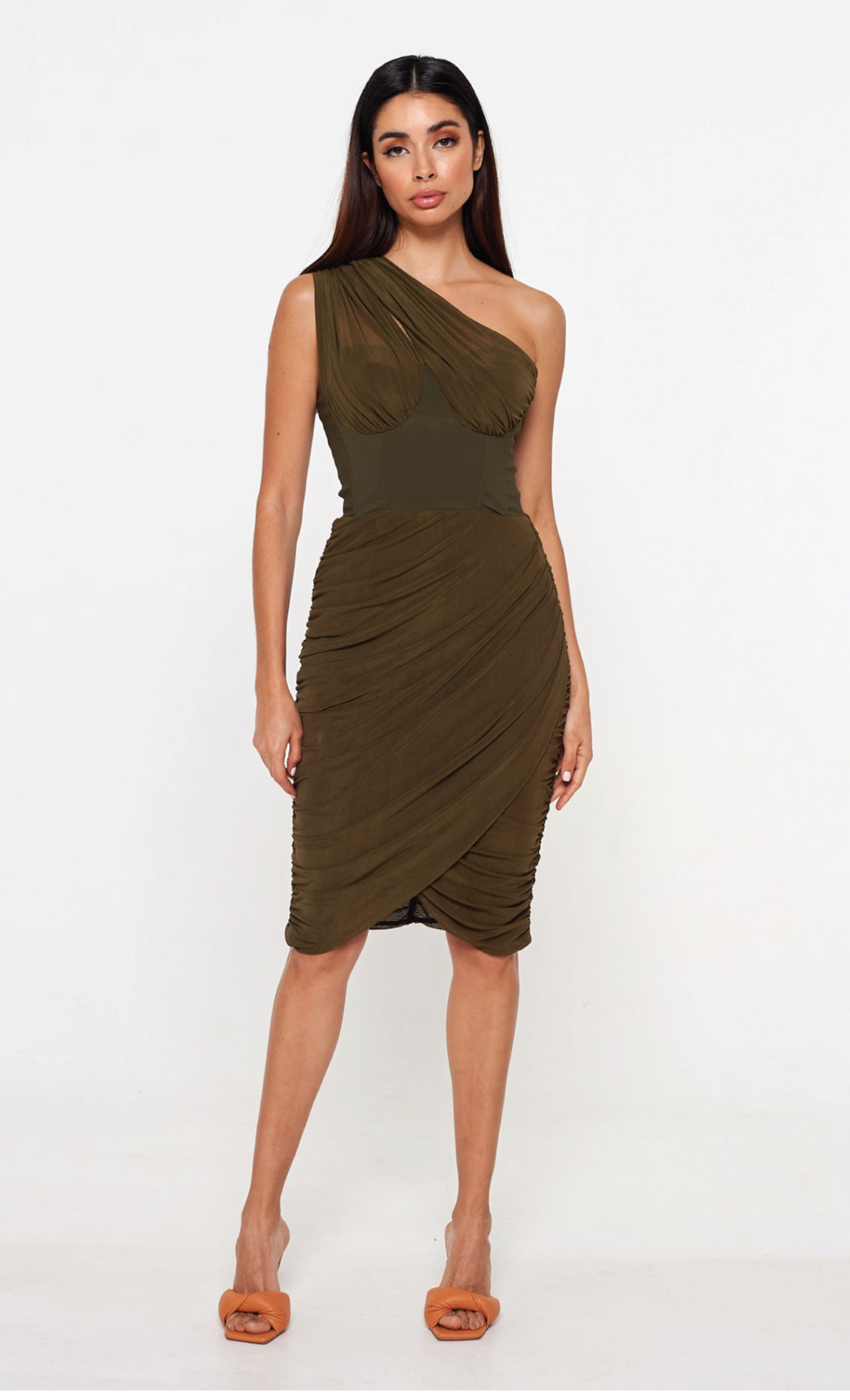 Khaki Asymetric Mesh Drape Dress