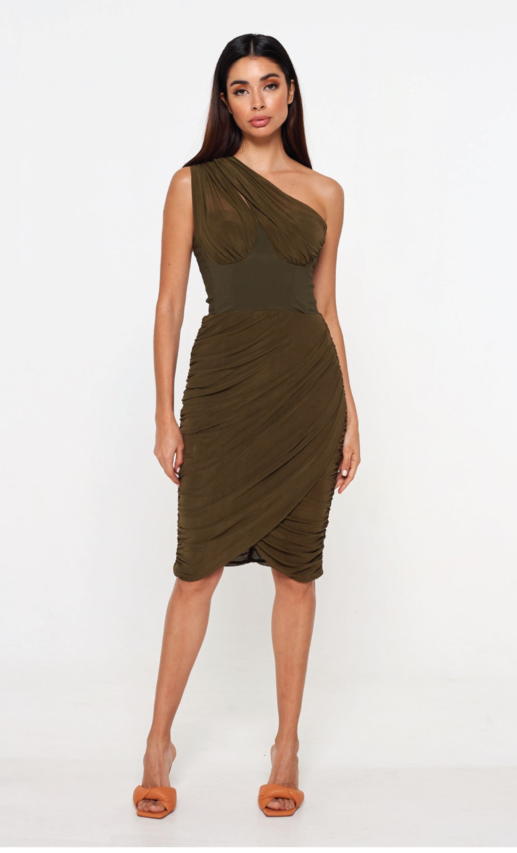 Khaki Asymetric Mesh Drape Dress