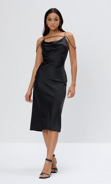  Black Satin Strap Midi Dress