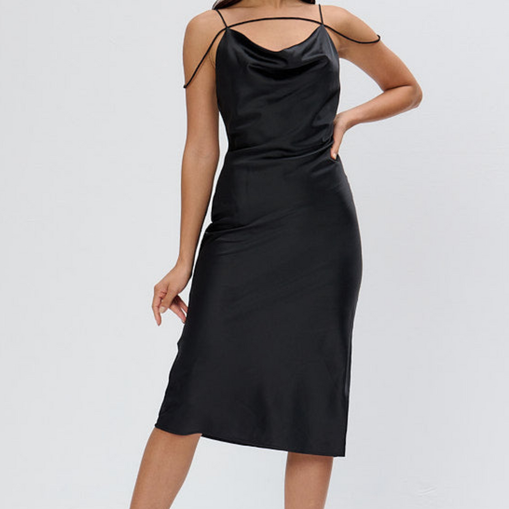 Black Satin Strap Midi Dress