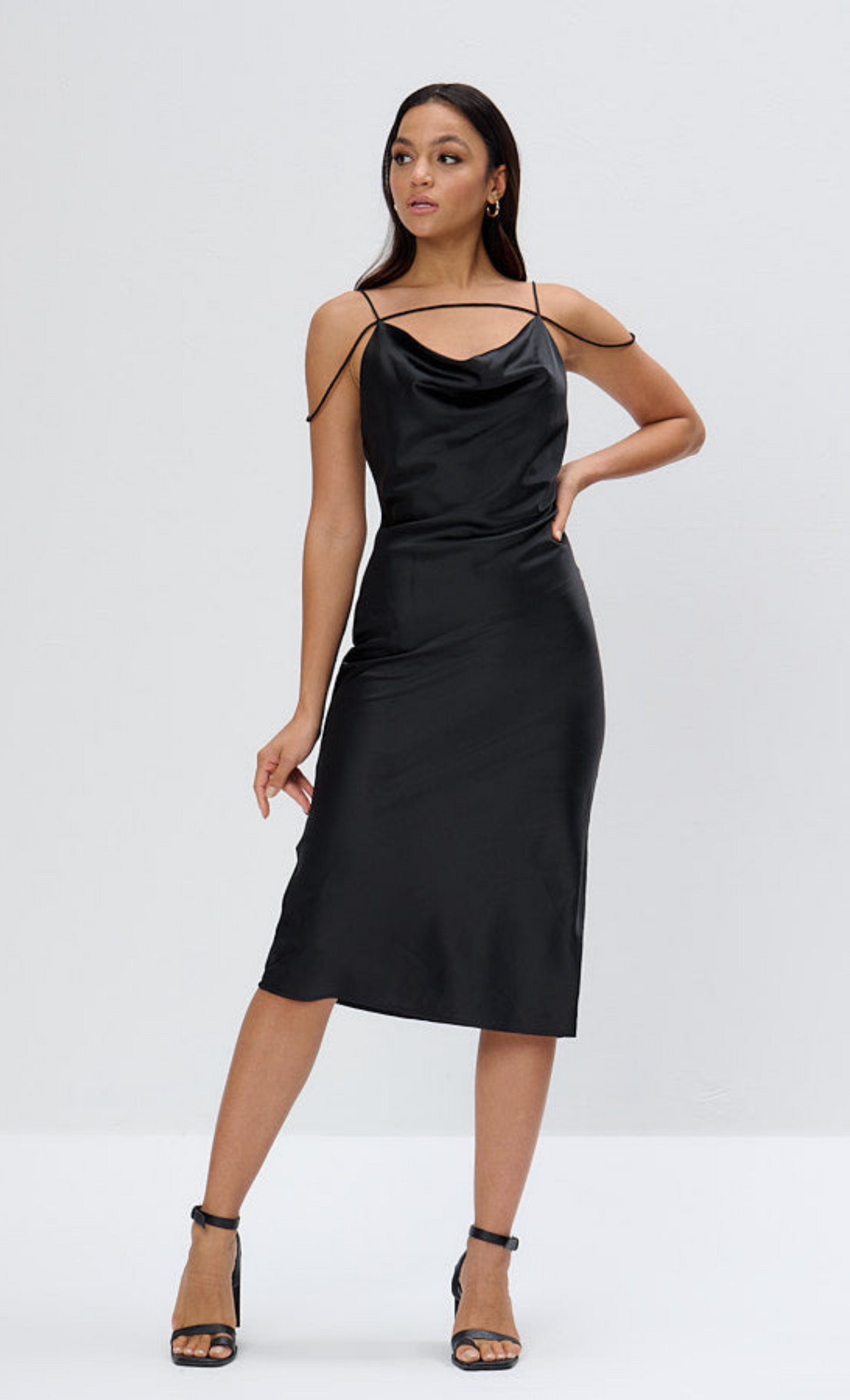 Black Satin Strap Midi Dress