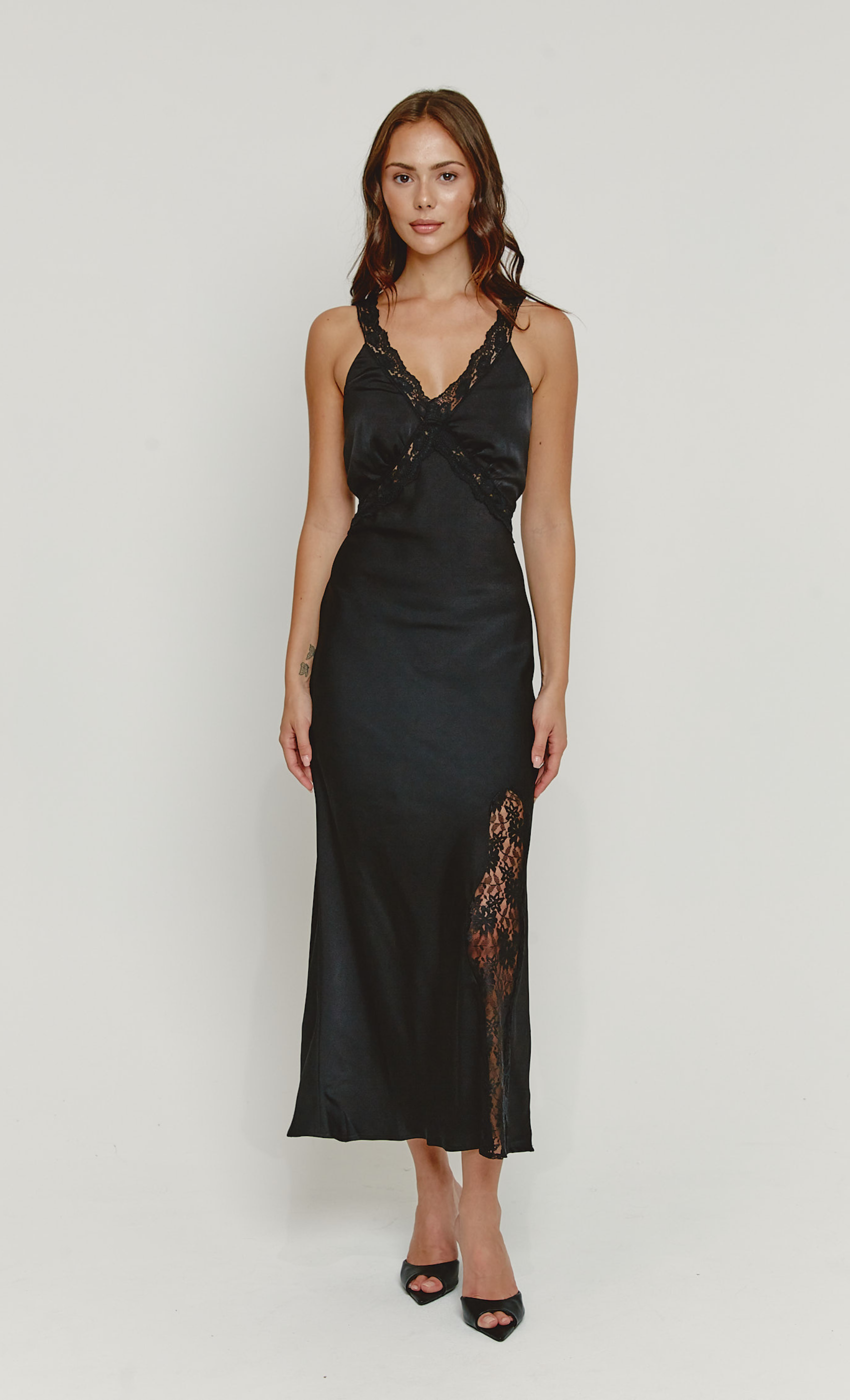 Black Lace Cutout Slip Maxi Dress