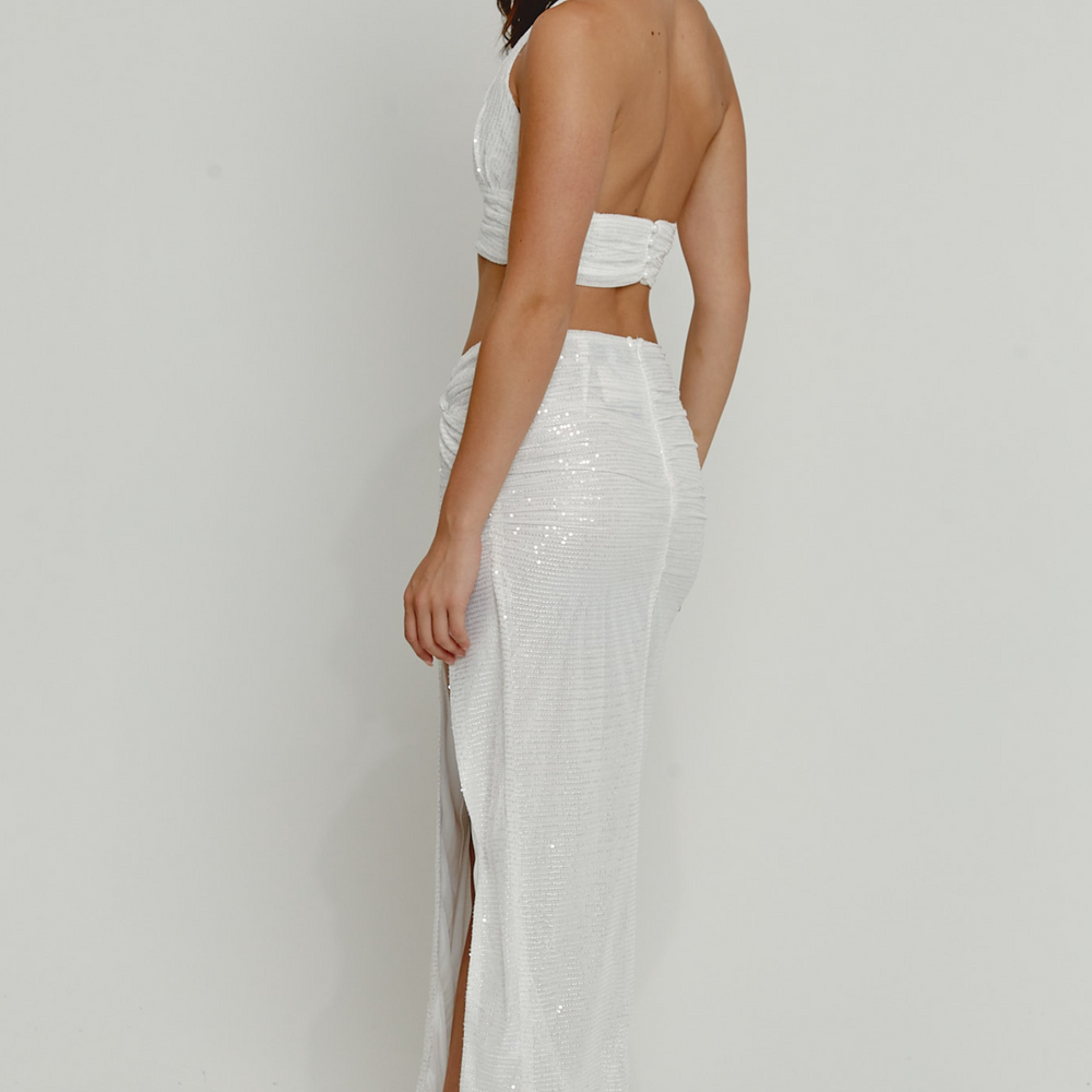 White Sequin Split Maxi Skirt