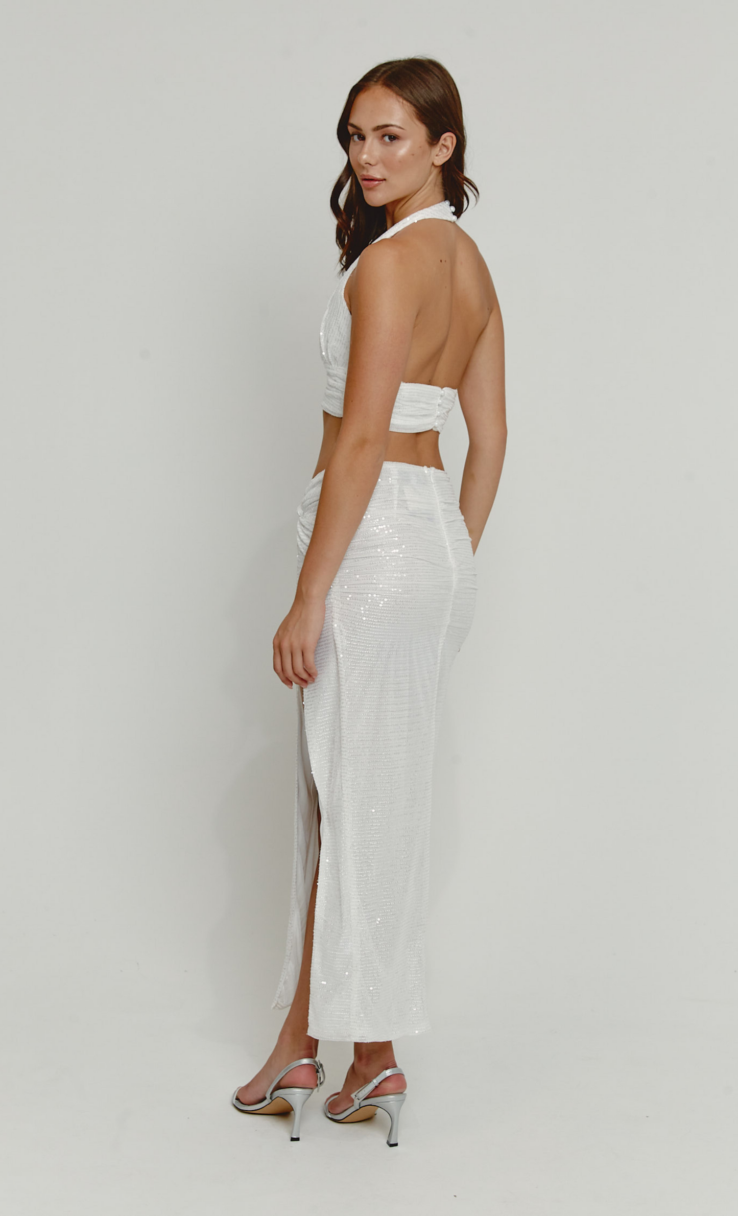 White Sequin Split Maxi Skirt