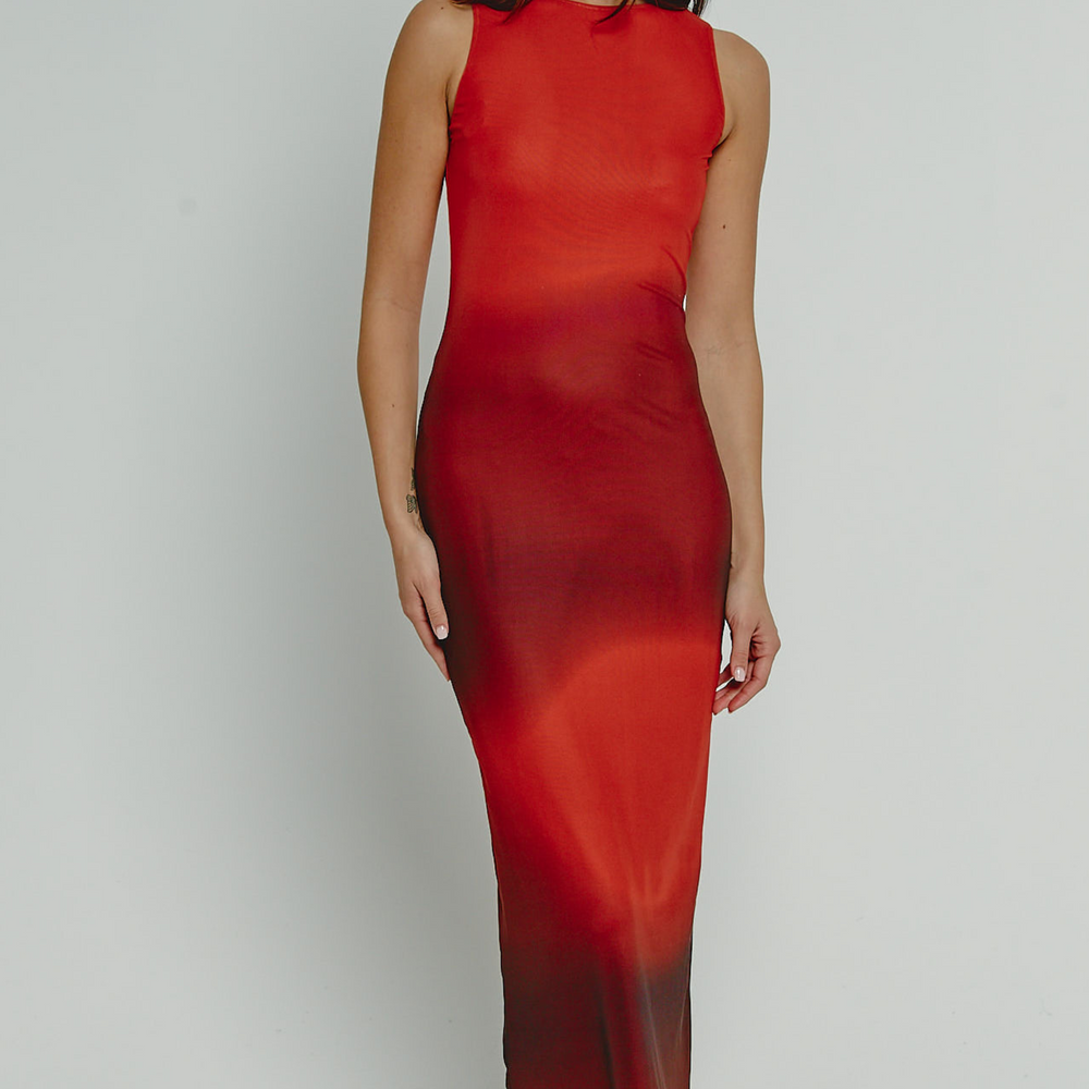 Red Mesh Blur Maxi Dress