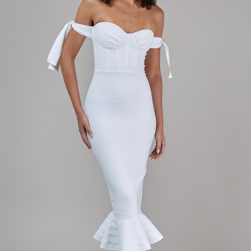 White Bandage Off Shoulder Midi Dress