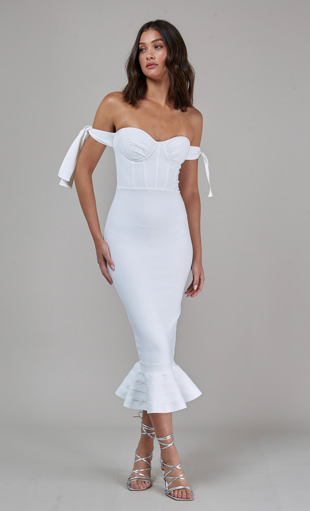 White Bandage Off Shoulder Midi Dress