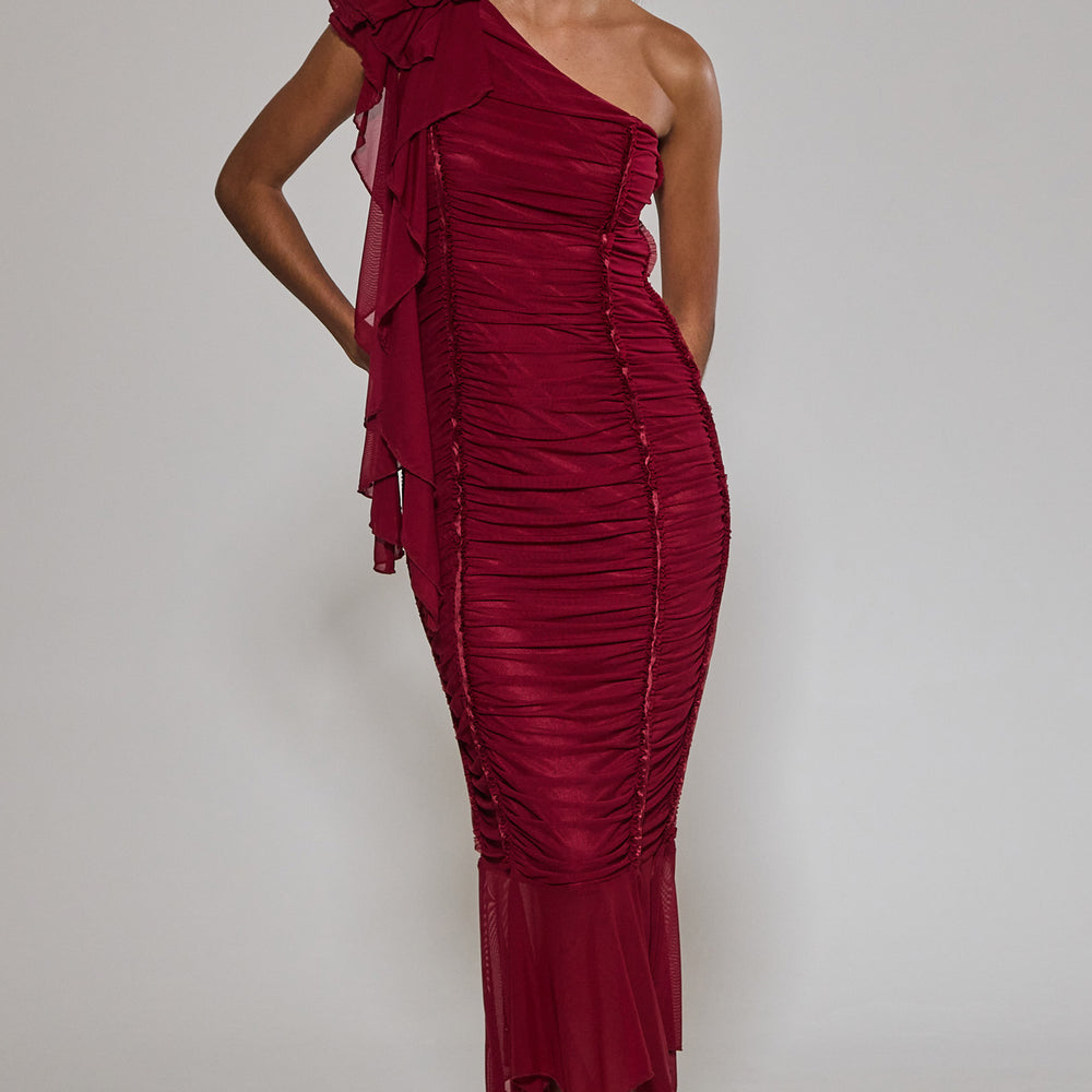 Wine One Shoulder Corsage Dress