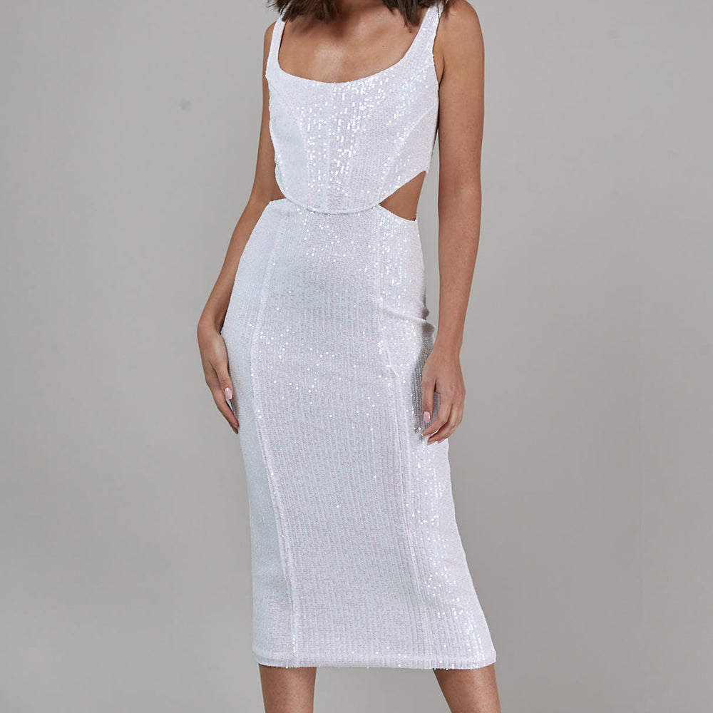 
                      
                        White Sequin Corset Cut Out Midi Dress
                      
                    