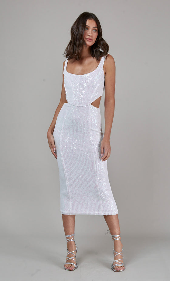 White Sequin Corset Cut Out Midi Dress – Rare London