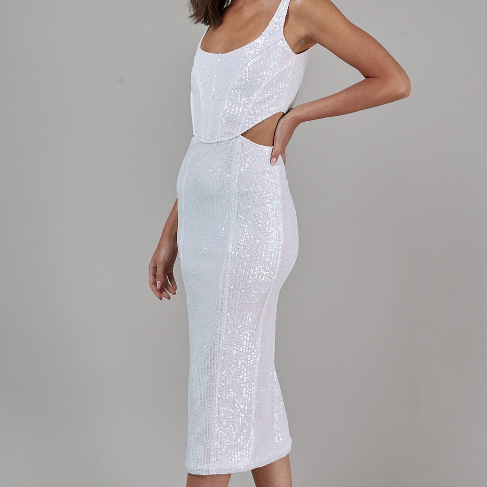 White Sequin Corset Cut Out Midi Dress