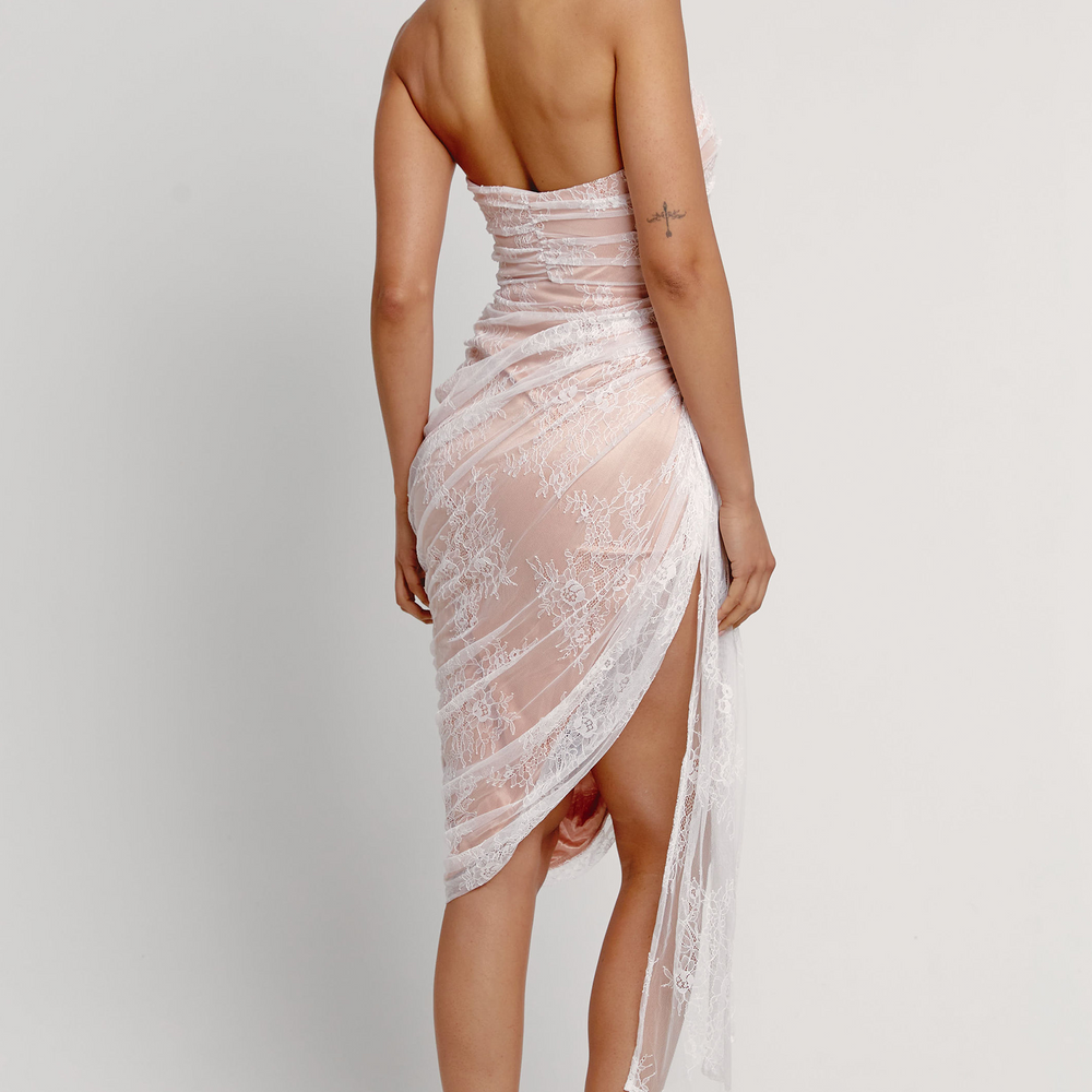 
                      
                        White Lace Drape Midi Dress
                      
                    