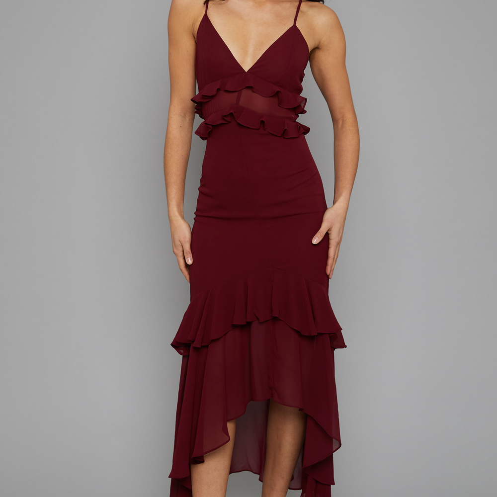 Dark Red Ruffle Detail Chiffon Midaxi Dress