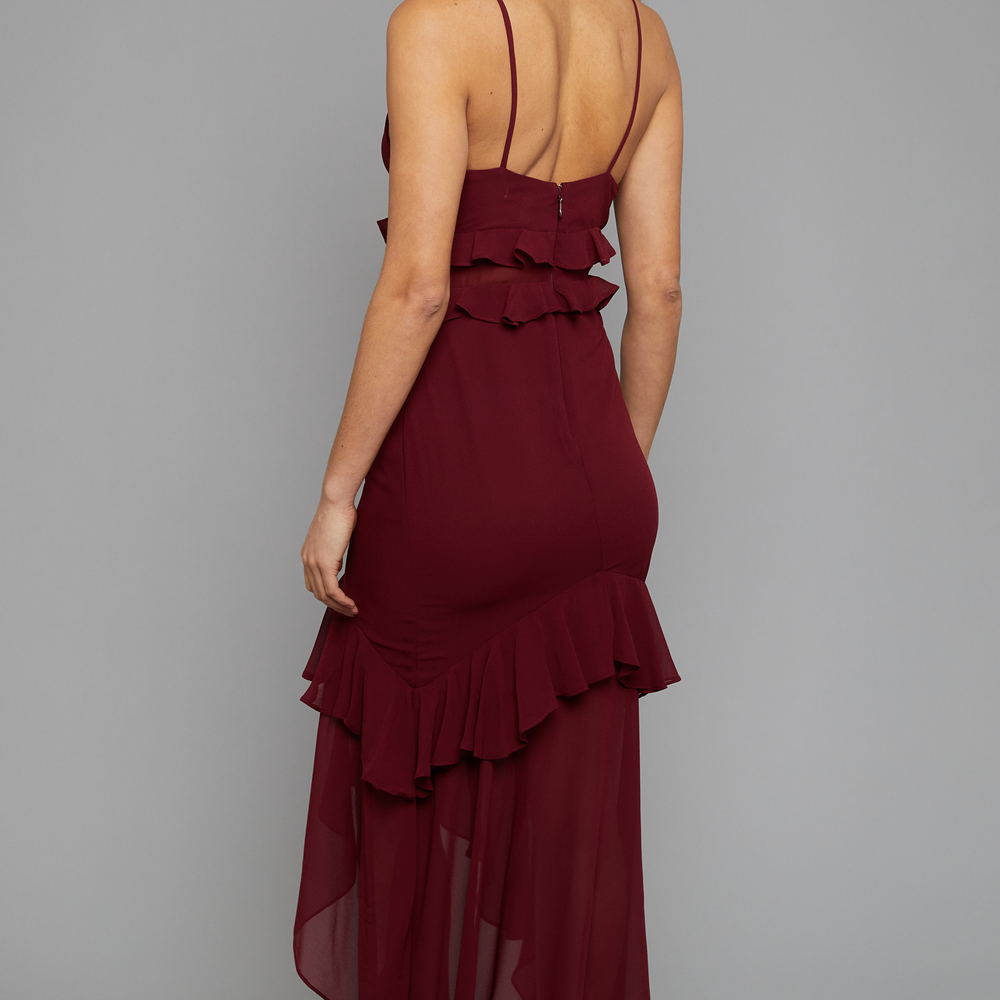 
                      
                        Dark Red Ruffle Detail Chiffon Midaxi Dress
                      
                    