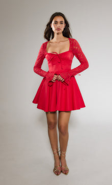  Red Lace Sleeve Corset Mini Dress