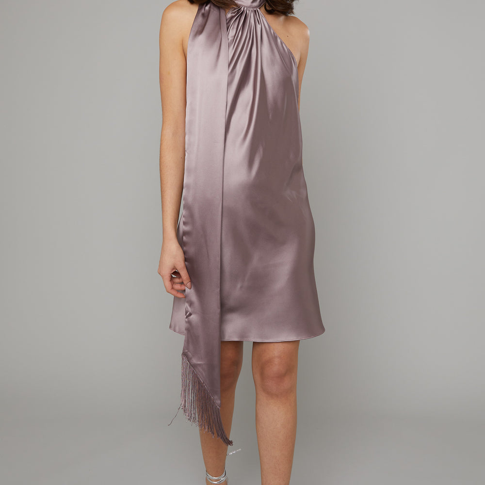 Mauve Halter-Neck Satin Mini Dress